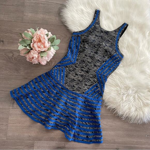 Revolve Parker Coventry Blue Banded Black Heather Fit Flare Dress XS - Picture 4 of 9